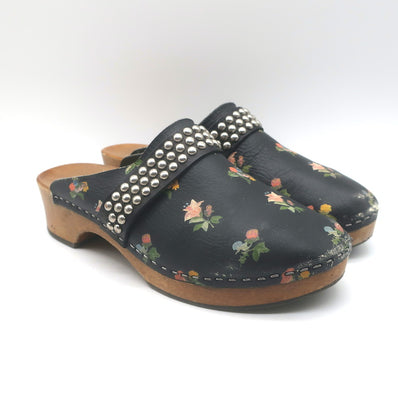 Saint Laurent Floral Print Studded Clogs Black Leather Size 39.5