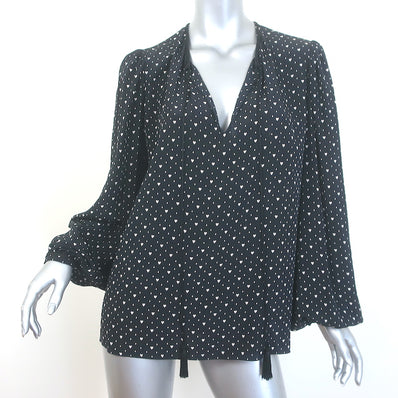 Saint Laurent Heart Print Tie-Neck Blouse Black Silk Size 38 Long Sleeve Top