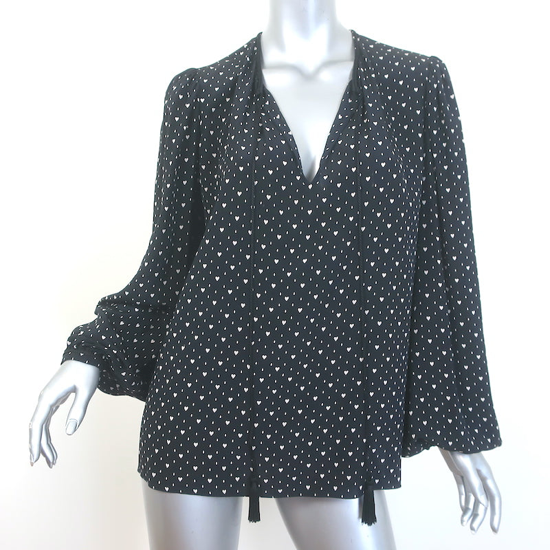 Saint Laurent Heart Print Tie-Neck Blouse Black Silk Size 38 Long Sleeve Top