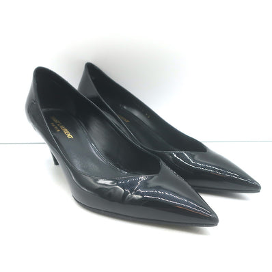 Saint Laurent Kiki pointed-toe kitten heel pumps in black patent leather, authentic pre-owned luxury