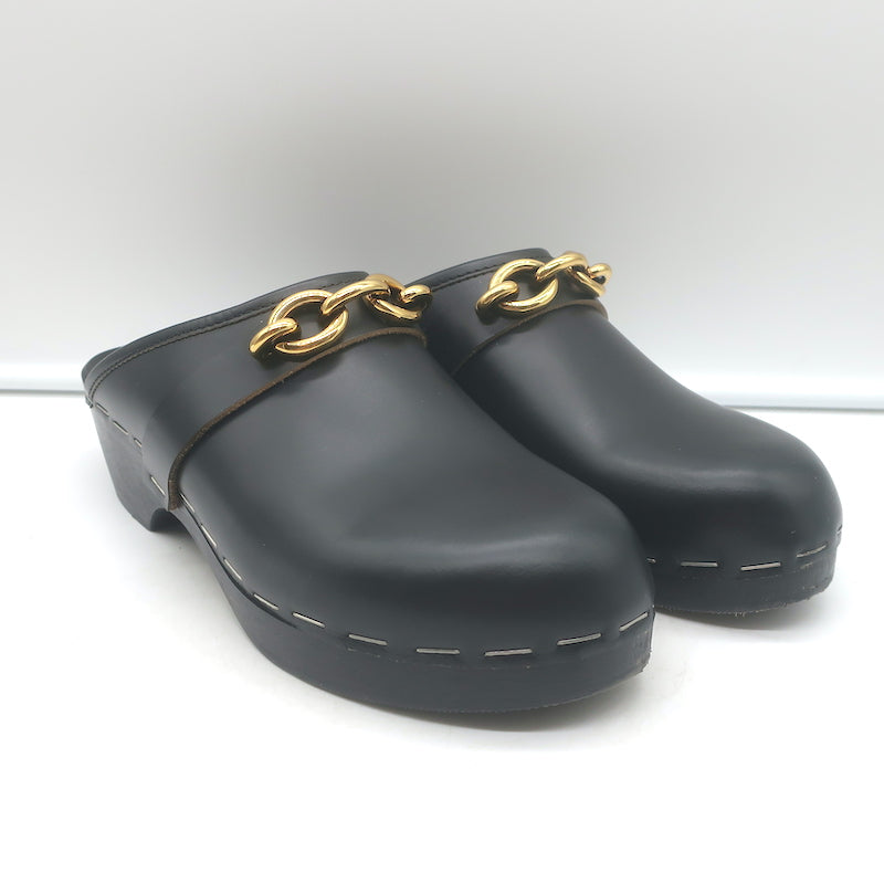 Saint Laurent Le Maillon Chain-Embellished Clogs Black Leather Size 40