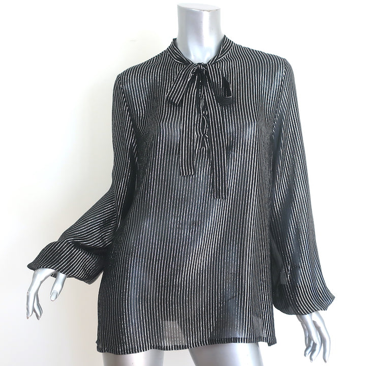Saint Laurent Lurex-Striped Tie Neck Blouse Black &amp; Silver Chiffon Size 42
