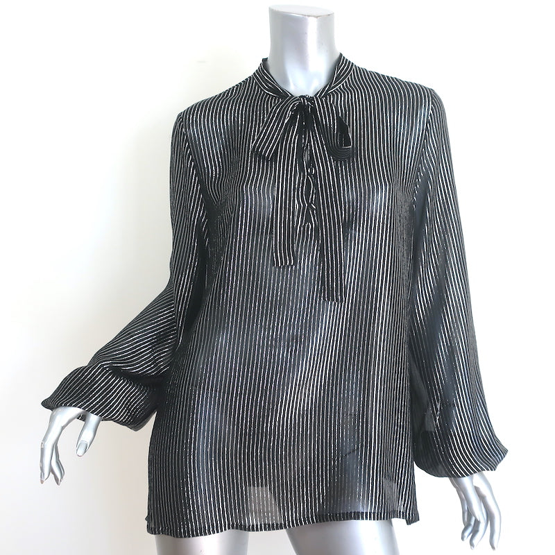 Saint Laurent Lurex-Striped Tie Neck Blouse Black & Silver Chiffon Size 42