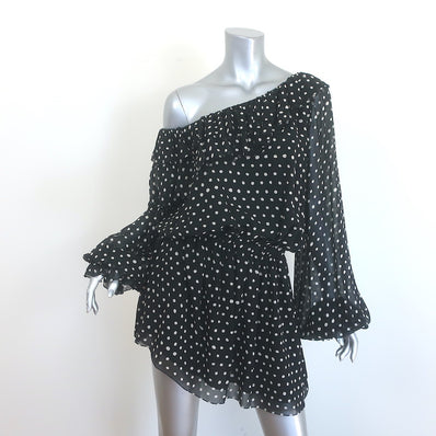 Saint Laurent Polka Dot One-Shoulder Mini Dress Black Silk Size 38