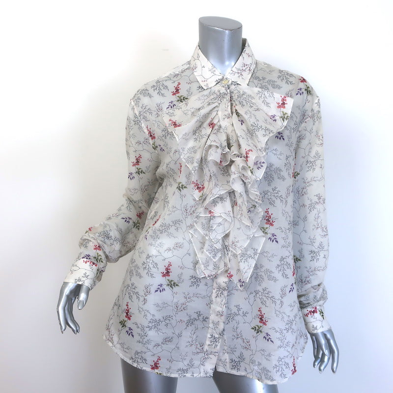 Saint Laurent Ruffle-Front Button Down Shirt White Floral Print