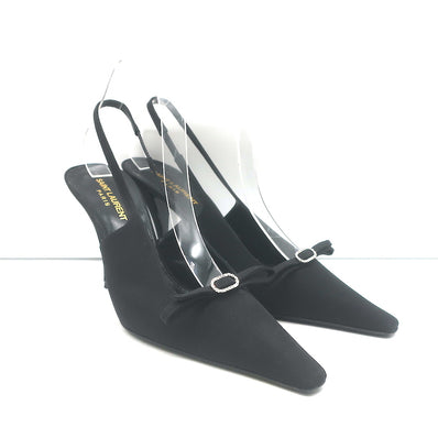 Saint Laurent Sadie Crystal Buckle Bow Slingback Pumps Black Crepe Size 38.5