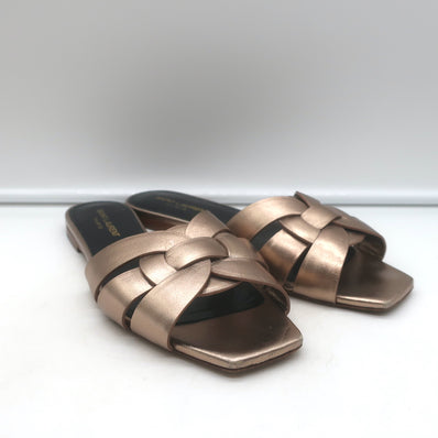Saint Laurent Tribute Nu Pieds Flat Sandals Bronze Metallic Leather Size 38