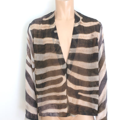 Saint Laurent Zebra Print Deep V-Neck Shirt Brown Silk Georgette Size 39