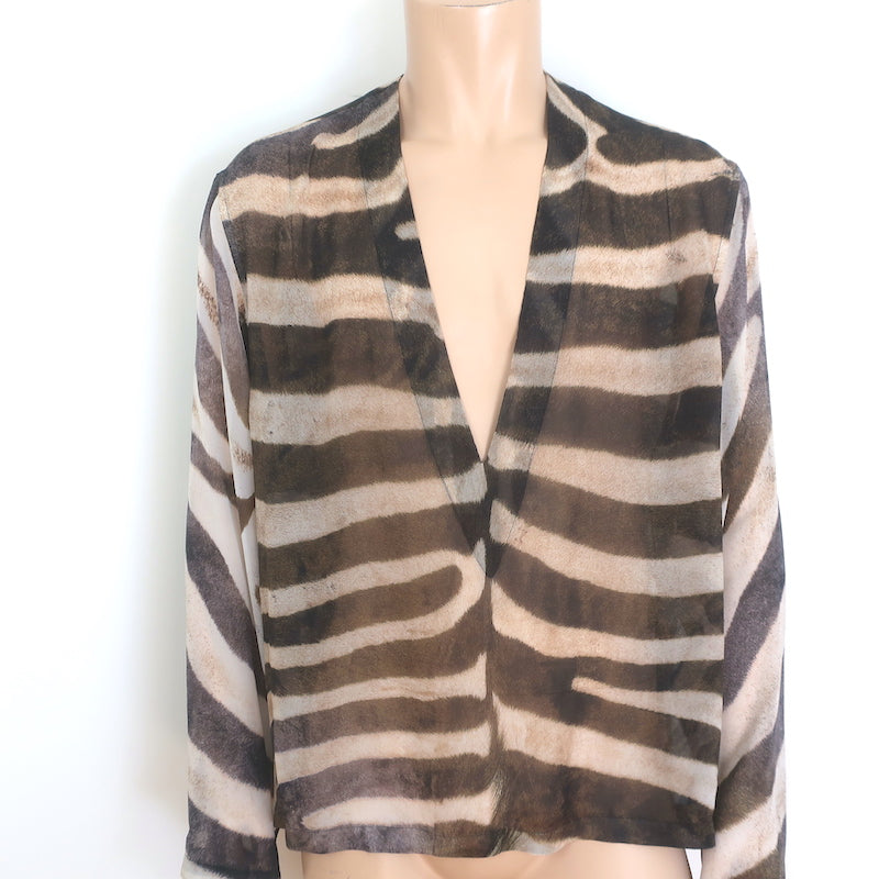 Saint Laurent Zebra Print Deep V-Neck Shirt Brown Silk Georgette Size 39