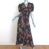Saloni Lea Puff Sleeve Midi Dress Black Floral Jacquard Silk Size US 2