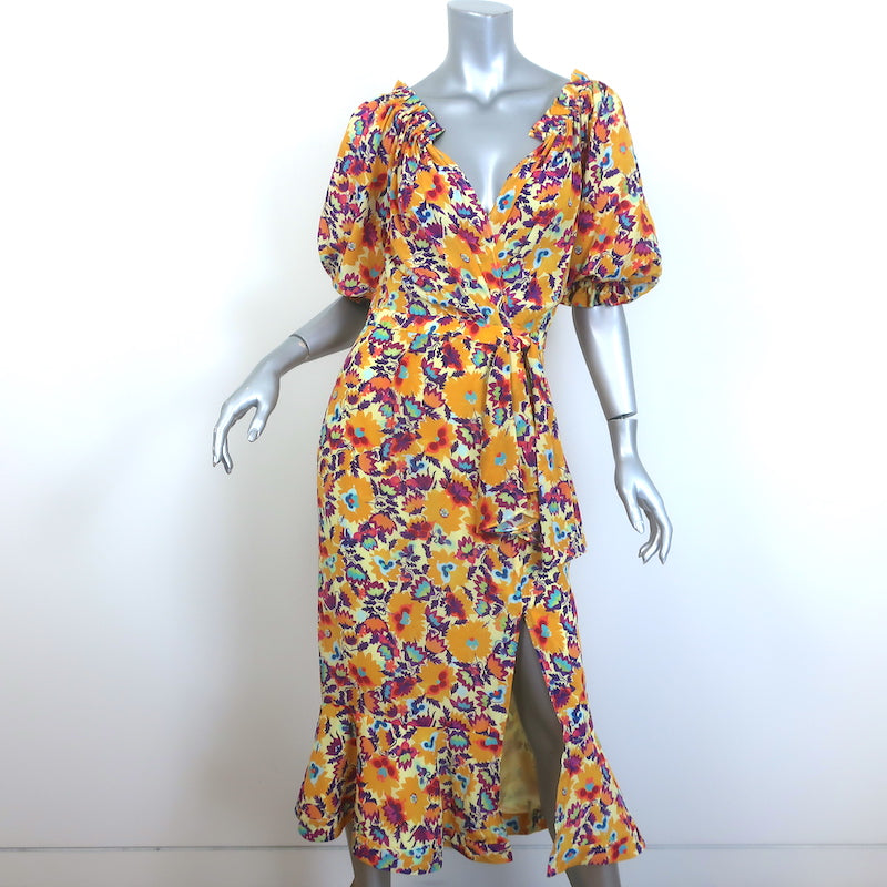 Saloni Olivia Off the Shoulder Ruffled Midi Dress Marigold Printed Silk Size US 6 NEW