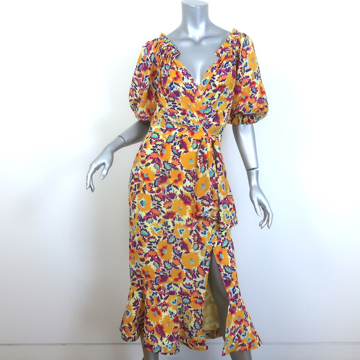 Saloni Olivia Off the Shoulder Ruffled Midi Dress Marigold Printed Silk Size US 6 NEW
