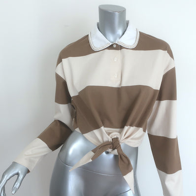 Sandro Federica Faux Pearl-Trim Striped Rugby Shirt 