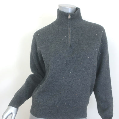 Sandro Osy Rhinestone Half-Zip Pullover Sweater Charcoal