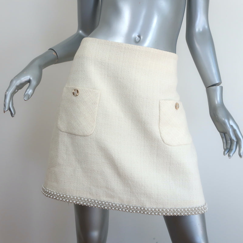 Sandro Vayie Faux Pearl-Trimmed Tweed Mini Skirt Ecru Cotton-Blend Size 42 NEW