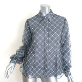 Sandy Liang Toney embroidered mesh-overlay top in navy gingham, pre-owned size 6, authentic luxury, gently worn.