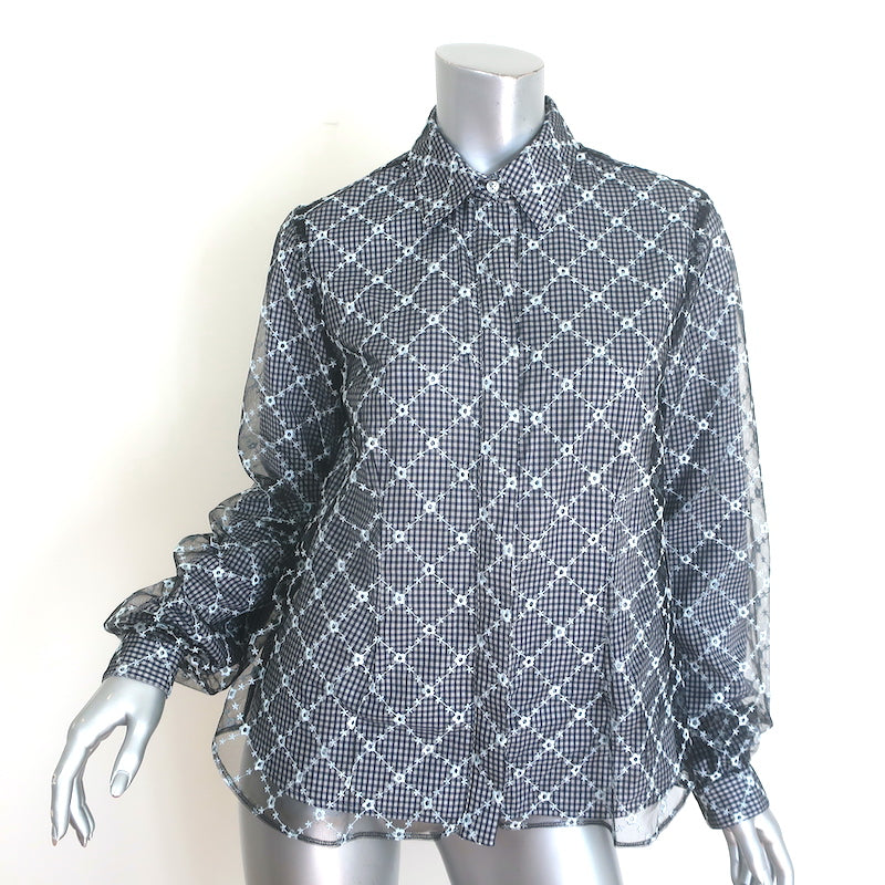 Sandy Liang Toney embroidered mesh-overlay top in navy gingham, pre-owned size 6, authentic luxury, gently worn.