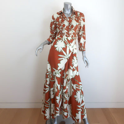 Sara Roka Madu Maxi Shirtdress Brown/Cream Floral Print Ruffled Cotton Size 40
