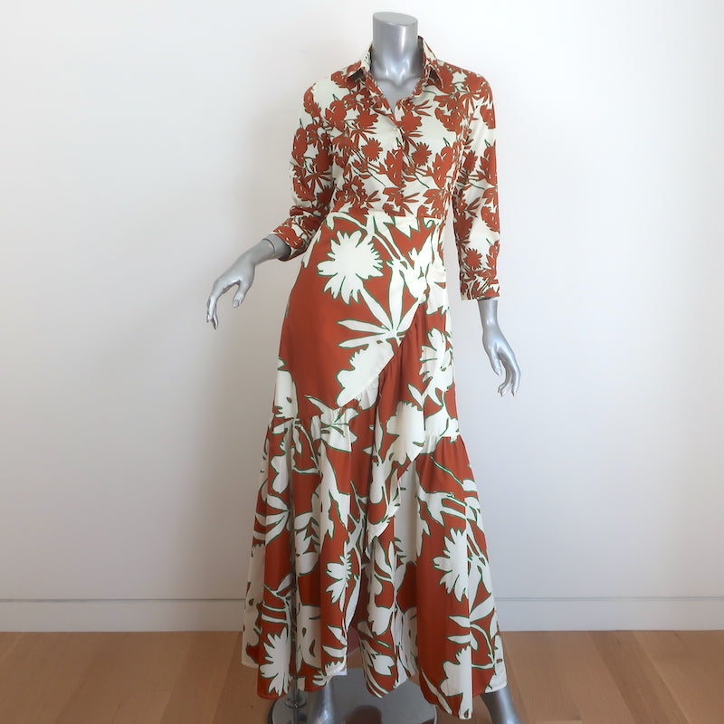 Sara Roka Madu Maxi Shirtdress Brown/Cream Floral Print Ruffled Cotton Size 40