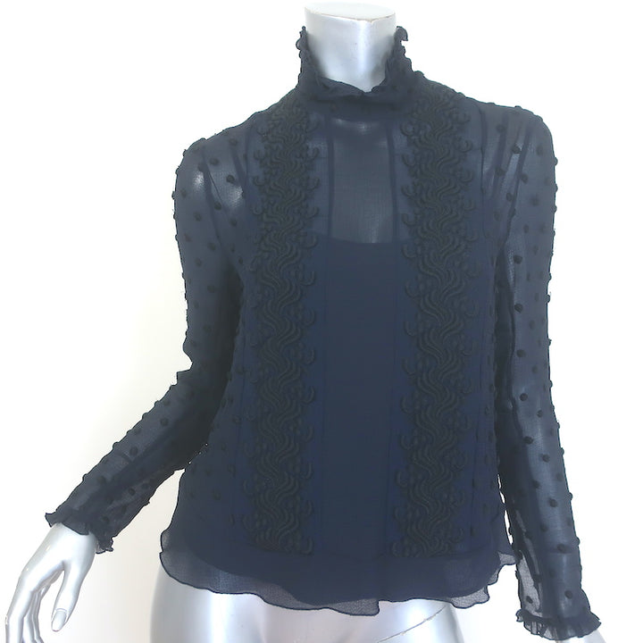 See by Chloe Swiss Dot-Embroidered Ruffled High Neck Blouse 