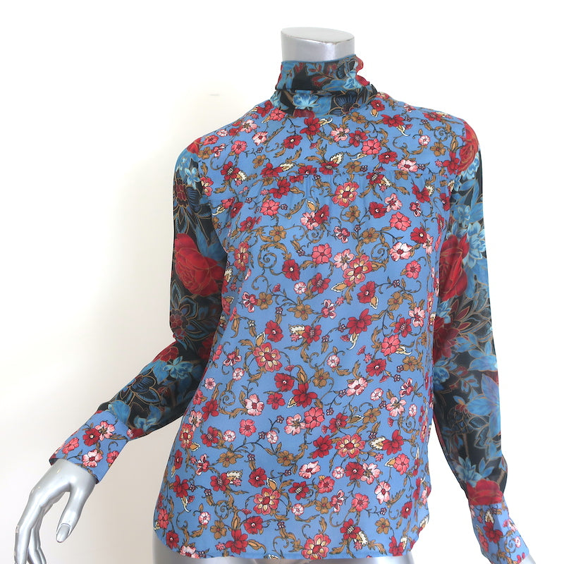 See by Chloe Tie-Back Chiffon-Sleeve Blouse Blue Floral Print Crepe Size 36