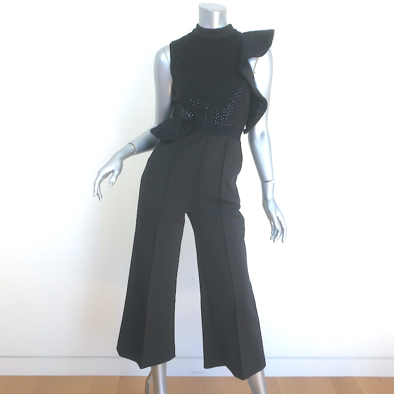 Self-Portrait Beaded Sequin Ruffle Jumpsuit Black Neoprene Size US 0