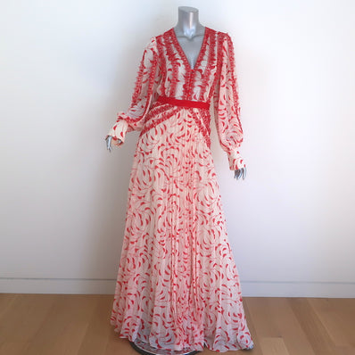 Self-Portrait Crescent Guipure Lace-Trim Chiffon Maxi Dress Cream/Red Size 4