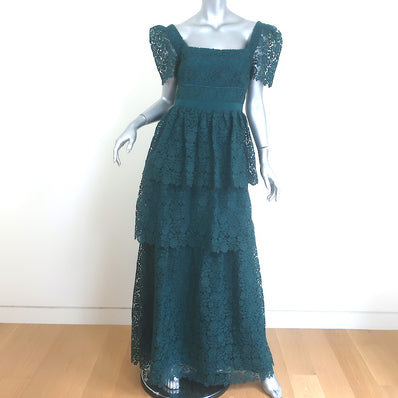 Self-Portrait Guipure Lace Puff Sleeve Tiered Maxi Dress Dark Teal Size US 4