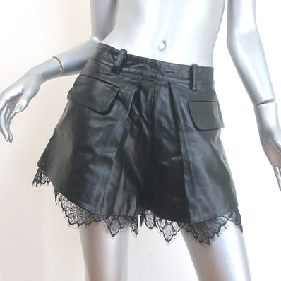 Self-Portrait Lace-Trimmed Pleated Faux Leather Shorts Black Size US 6 NEW