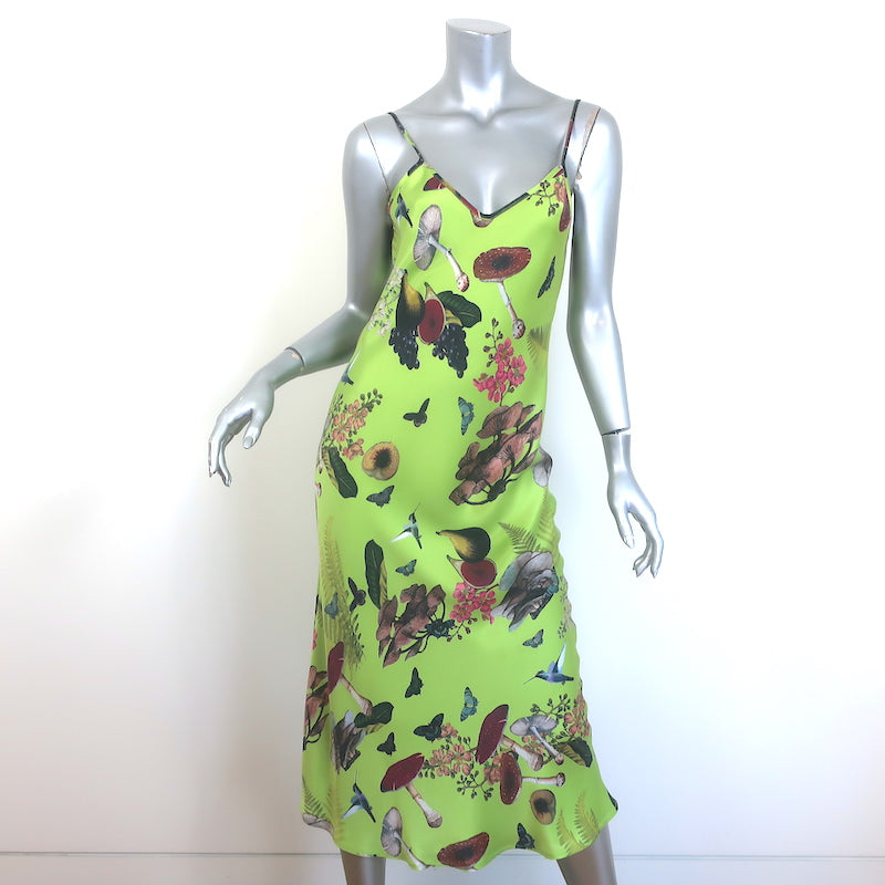 Silk Laundry 90s Slip Dress Lime Magic Mushroom Print Satin Size Small