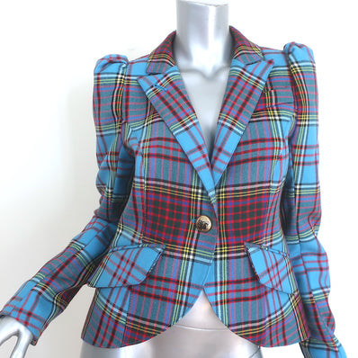 Smythe Puff Sleeve Tartan Blazer Blue Wool Size 6 One-Button Jacket