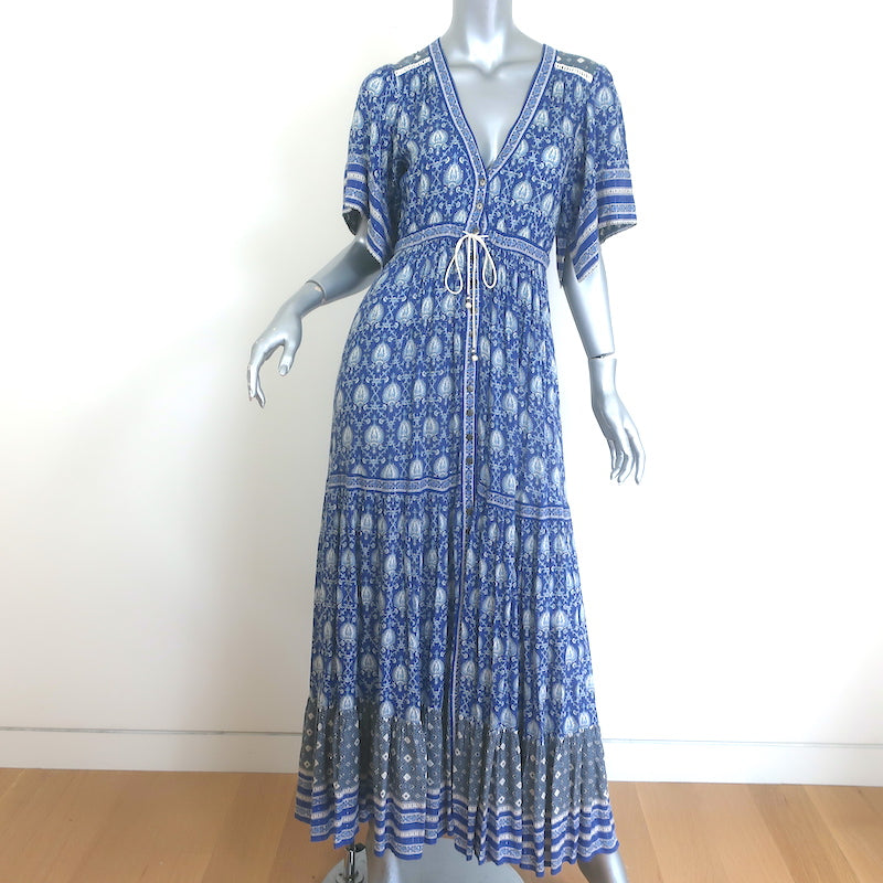 Spell &amp; The Gypsy Oracle Maxi Dress Blue Metallic Paisley Print Size Extra Small
