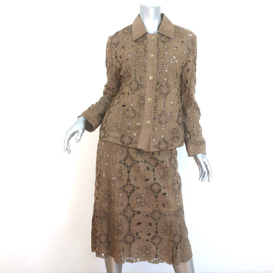 St. John Collection Laser Cut Suede Skirt Suit Brown Size 8