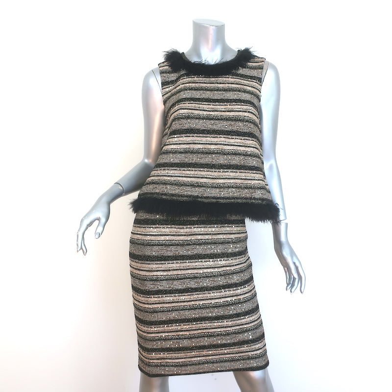 St. John Couture Feather-Trimmed Sequined Striped Knit Dress Gold/Blac Celebrity Owned St. John Couture Feather-Trimmed Sequined Striped Knit Dress Gold/Blac Celebrity Owned