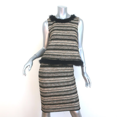 St. John Couture Feather-Trimmed Sequined Striped Knit Dress Gold/Black Size 6