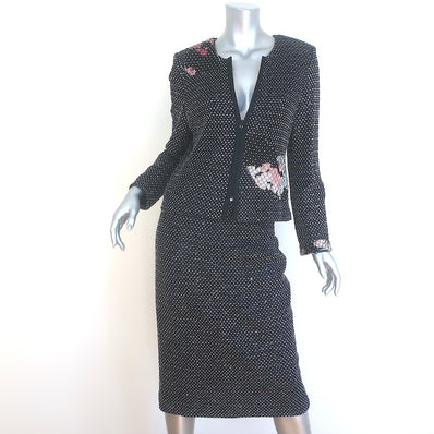 St. John Evening Crystal-Embellished Metallic Dotted Skirt Suit Black Size 8