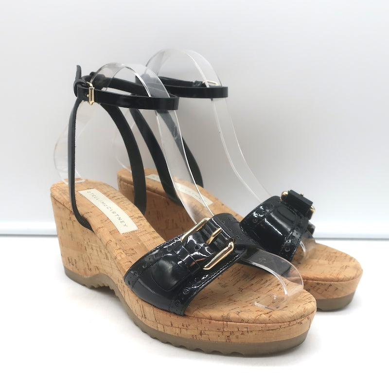 Stella McCartney Linda Cork Wedge Sandals Black Faux Patent Leather Size 38