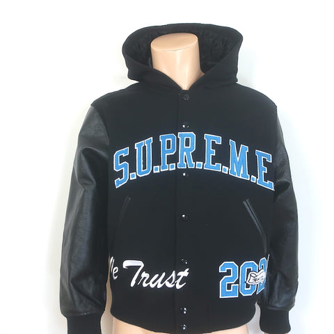 Supreme King Leather-Sleeve Hooded Varsity Jacket Black Size 