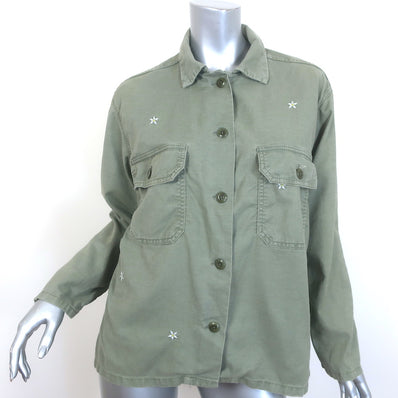 THE GREAT Floral-Embroidered Army Shirt Jacket Light Olive Size 1