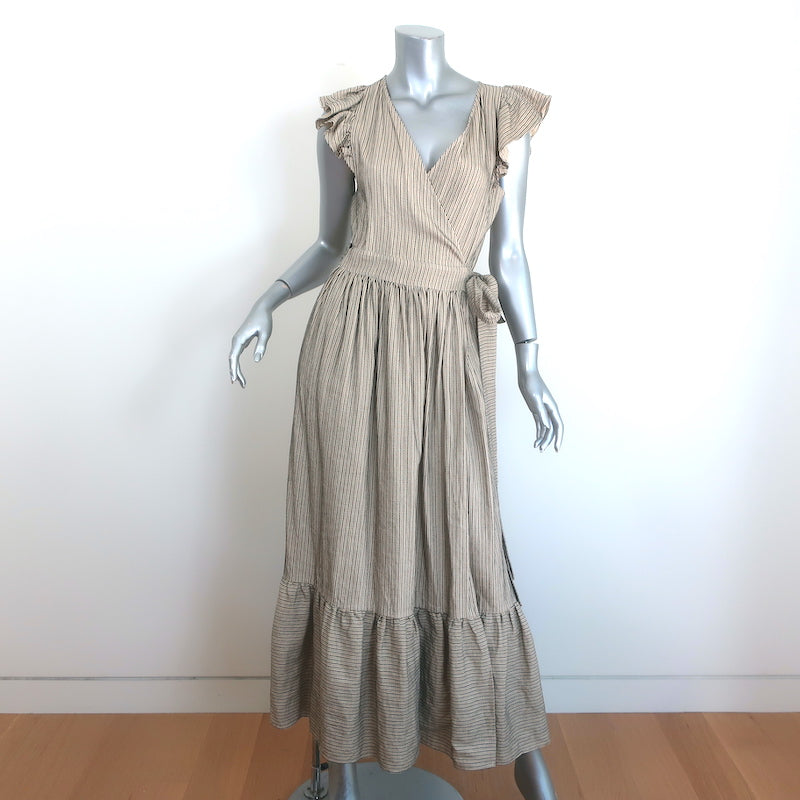 THE GREAT Flutter Sleeve Maxi Wrap Dress Beige Striped Linen-Cotton Size 1