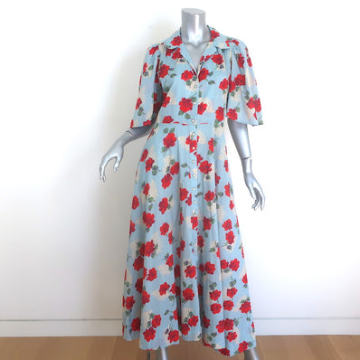 THE GREAT The Bridge Snap-Front Midi Dress Light Blue Floral 