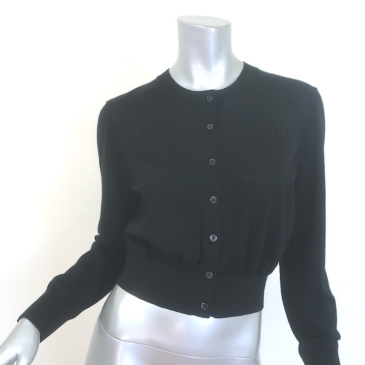 T by Alexander Wang Logo-Embroidered Cropped Cardigan Black Wool Size Large NEW
