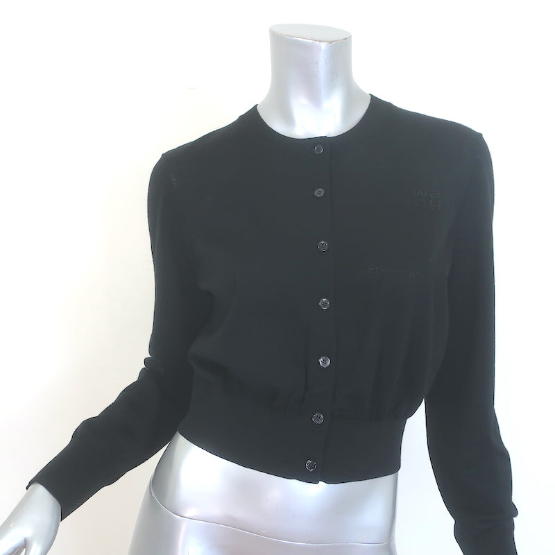 T by Alexander Wang Logo-Embroidered Cropped Cardigan Black Wool Size Large NEW