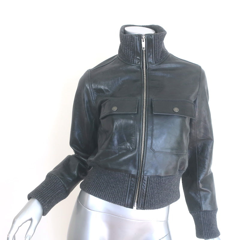 The Kooples Cropped Leather Bomber Jacket Anthracite Size 0