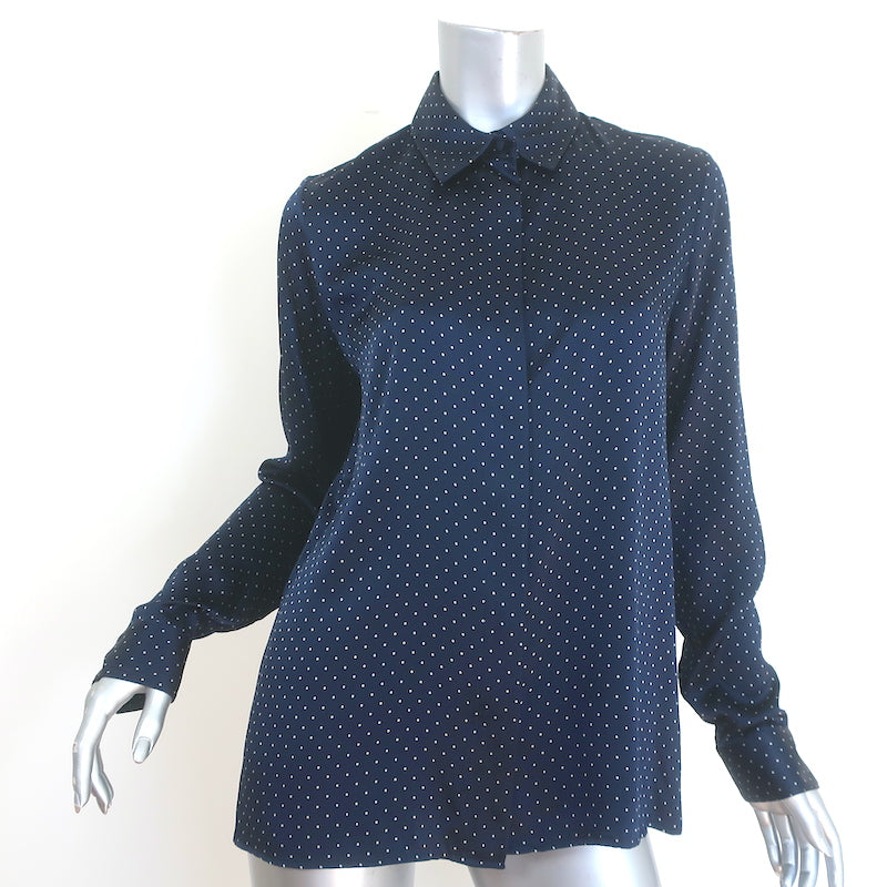 The Row Polka Dot Button-up Shirt Navy Silk Satin Size 4 Long Sleeve Blouse