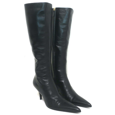 The Row Sling Knee High Boots Black Leather Size 36.5 Pointed Toe Low Heel