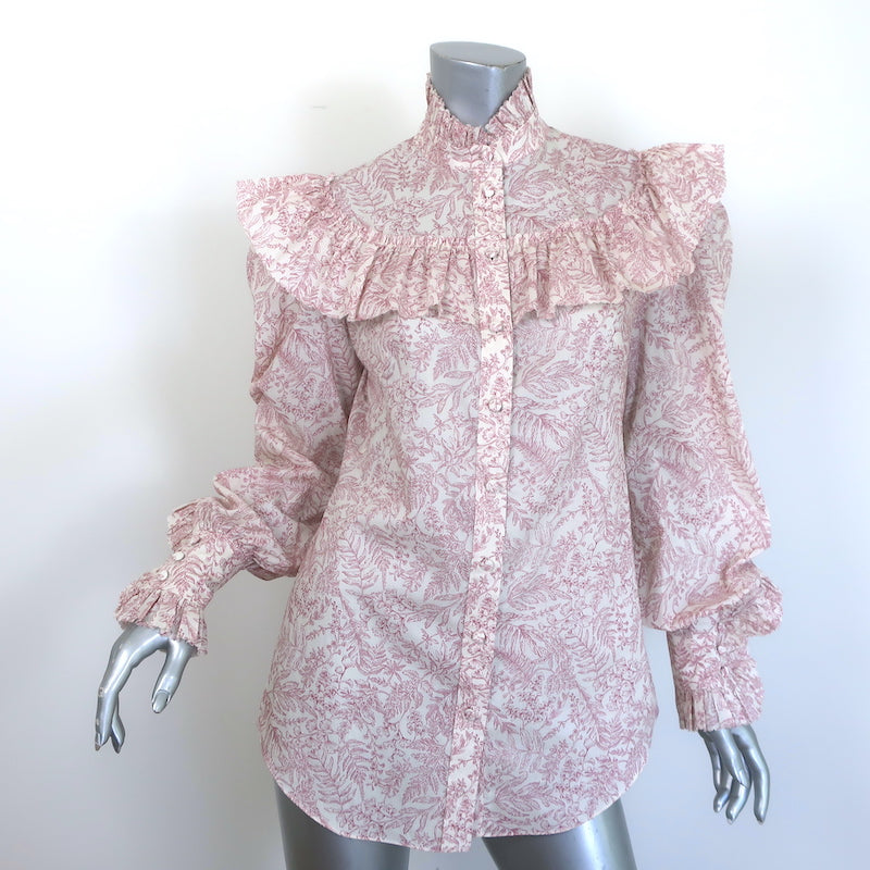 The Vampire's Wife Frill Seeker ruffled shirt in white with red botanical print, authentic pre-owned size 6