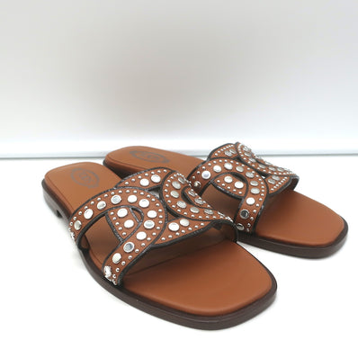 Tod's Kate Studded Slide Sandals Brown Leather Size 36.5 NEW