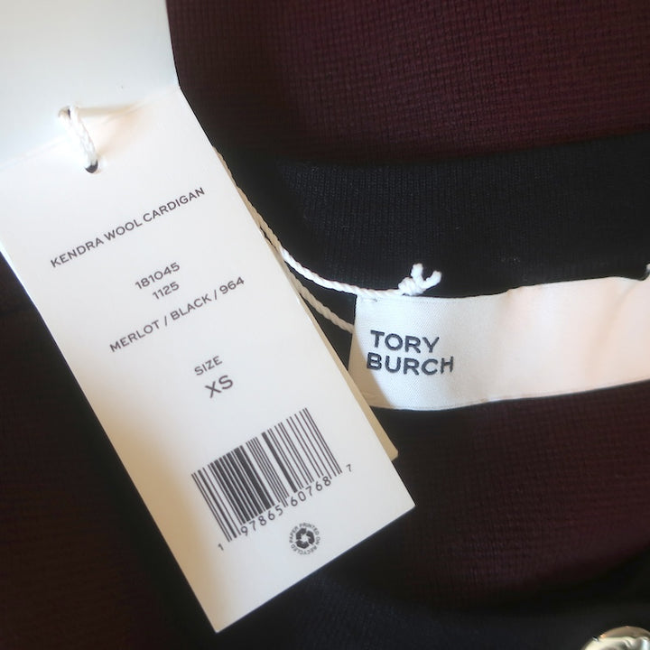 Tory Burch Kendra Contrast-Trim Cardigan Merlot/Black