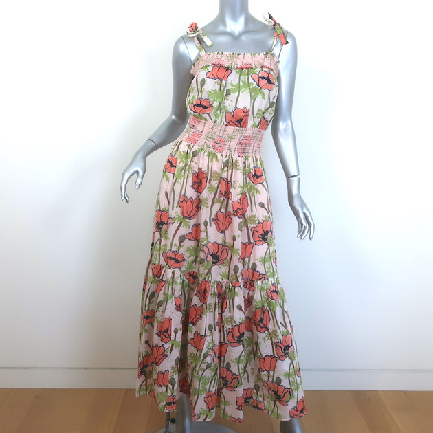 Tory Burch Smocked Maxi Dress Light Pink Poppies Print Cotton Size Sma –  Celebrity Owned